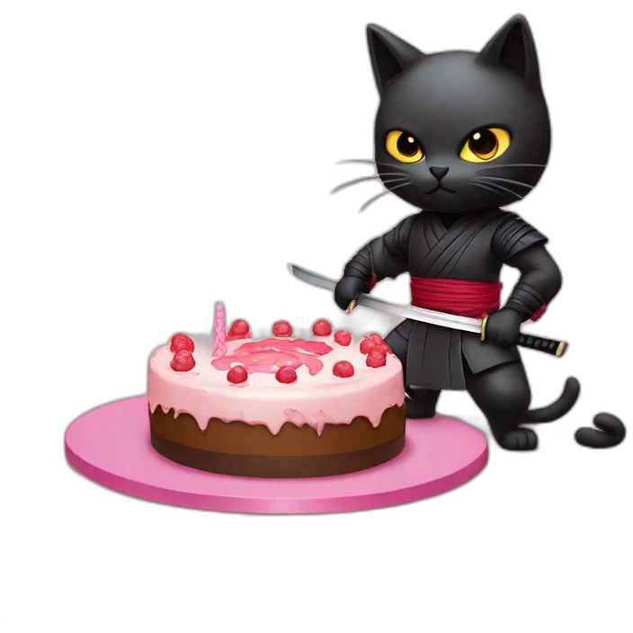 Ninja cat cuts a cake with a katana emoji