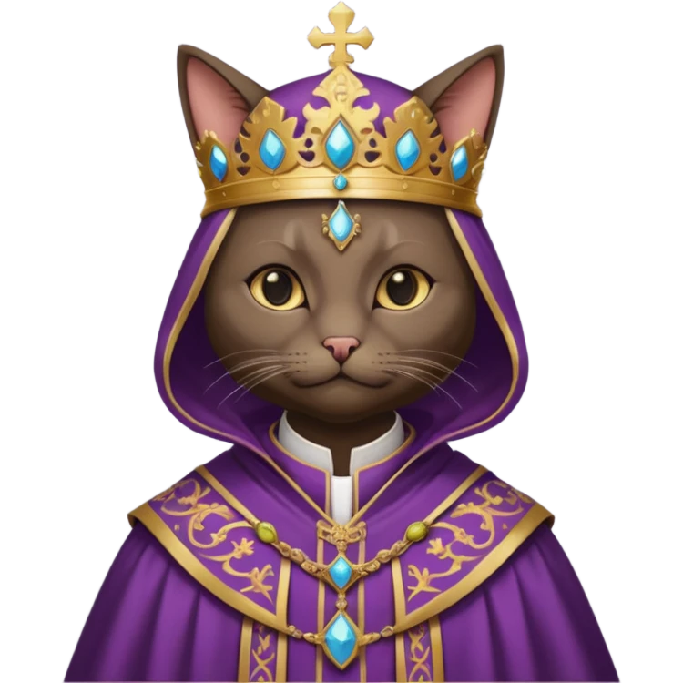“Half-body humanoid figure with a realistic cat face, wearing ornate bishop robes and a mitre, dark gothic background, dramatic lighting, emoji