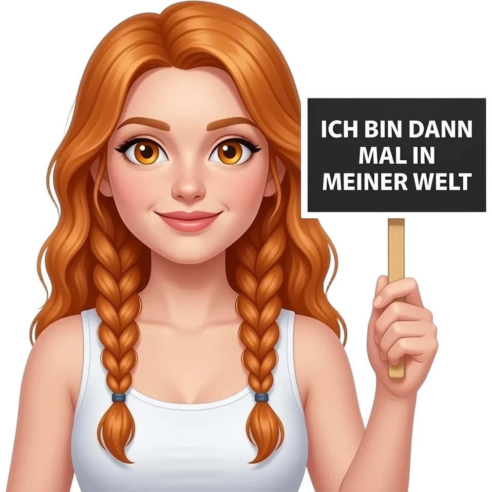 sexy girl with long ginger braids and ginger eyes wearing a white tanktop is holding a black sign with ICH BIN DANN MAL IN MEINER WELT written on it emoji