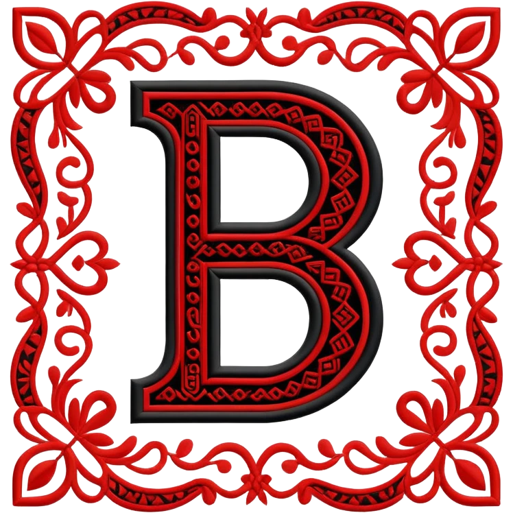 Stylized ruble sign (₽) with Udmurt traditional embroidery patterns, ethnic geometric decoration, red black and white colors emoji