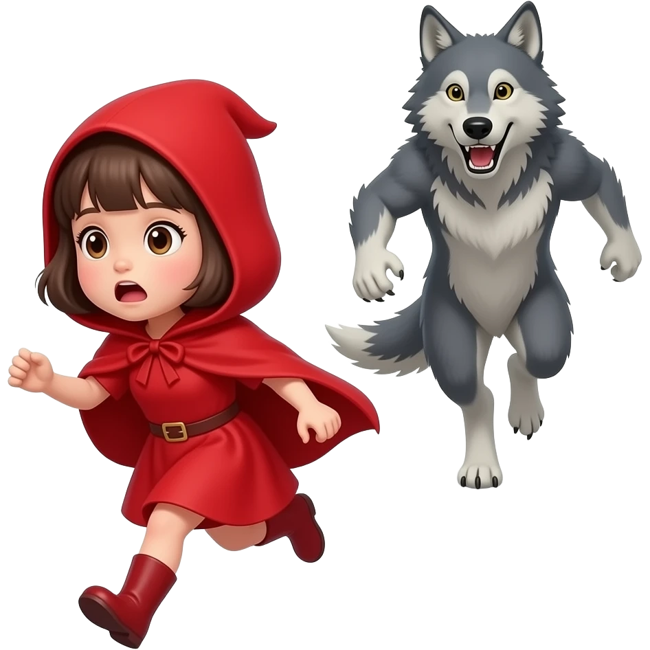 Little red riding hood one girl bob hair with riding hood costume suprised with a wolf chasing in the forest emoji