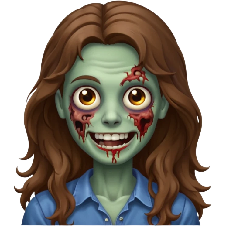 zombie com cabelo ondulado longo marrom e sem franja fofa sorrindo emoji