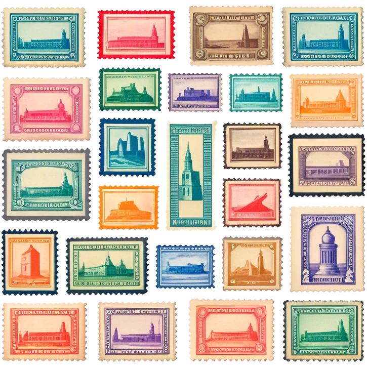 Icon for Stamp Collecting: a collection of vintage and colorful stamps arranged in an album or on a desk, with a large stamp block in the center showcasing different themes. The icon should reflect the charm and history of philately. Transparent background. emoji