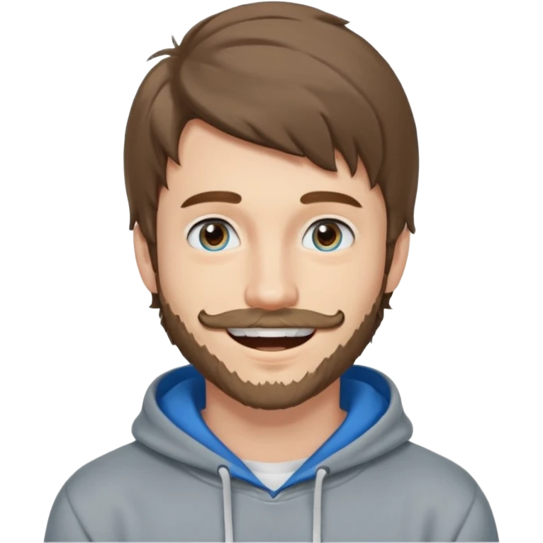 20 year old man, short scruffy beard and thin moustache, brown puffy mullet, blue eyes, big smile, white teeth, big lips, pronounced jaw, hair longer in back, sticking up on top, thin face, grey hooded sweatshirt, pale skin, big smile, blue eyes, puffy hair that is long in back, blue eyes, no bangs emoji