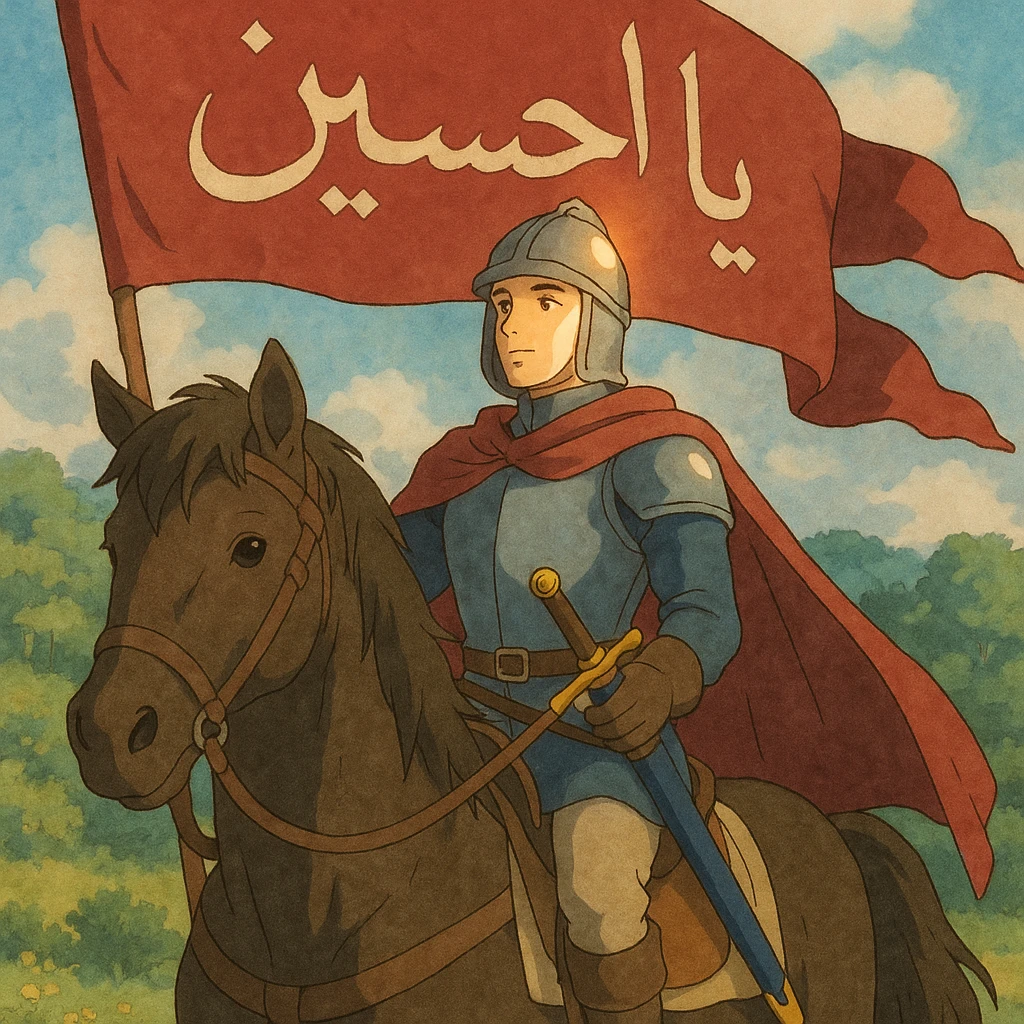 A knight with light on his face riding a horse, holding a banner with “Ya Hussein” written on it in Arabic, and holding a sword Tokijin In the sheath emoji