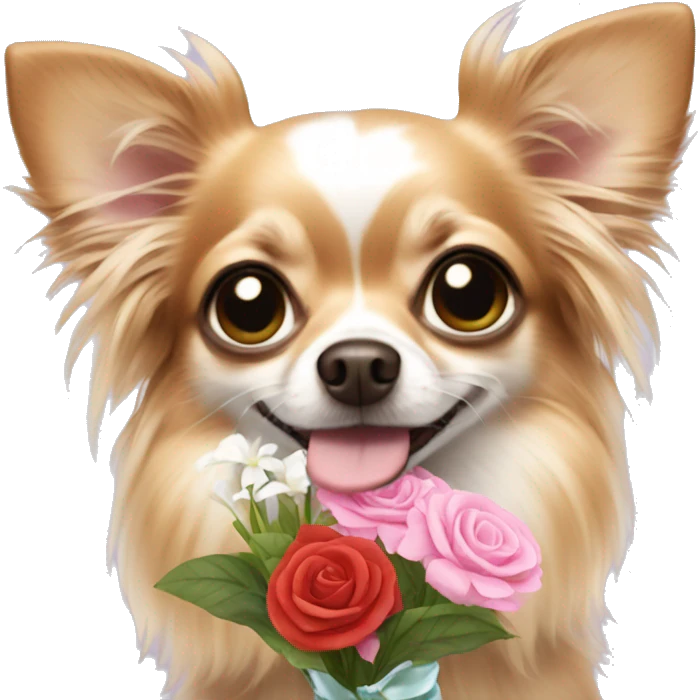 Long hair chihuahua holding wedding ring and flowers emoji