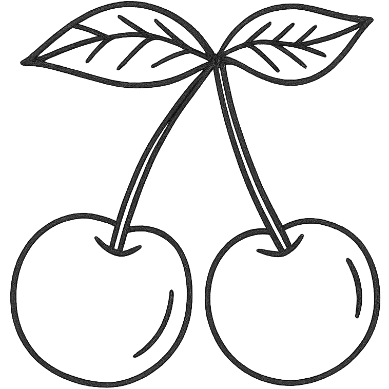 Two cherries with golden stems connected, paired with dark green leaves emoji