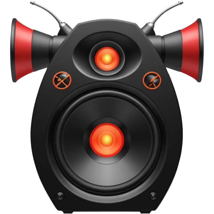 Head: A black KLIPSCH RP-8000F speaker, often represented with a red center or speaker cone.
Core: A small, bright glowing cherry-red circle representing his core.
Weapons: Shoulder-mounted speakers and plasma cannons on his arms.  emoji