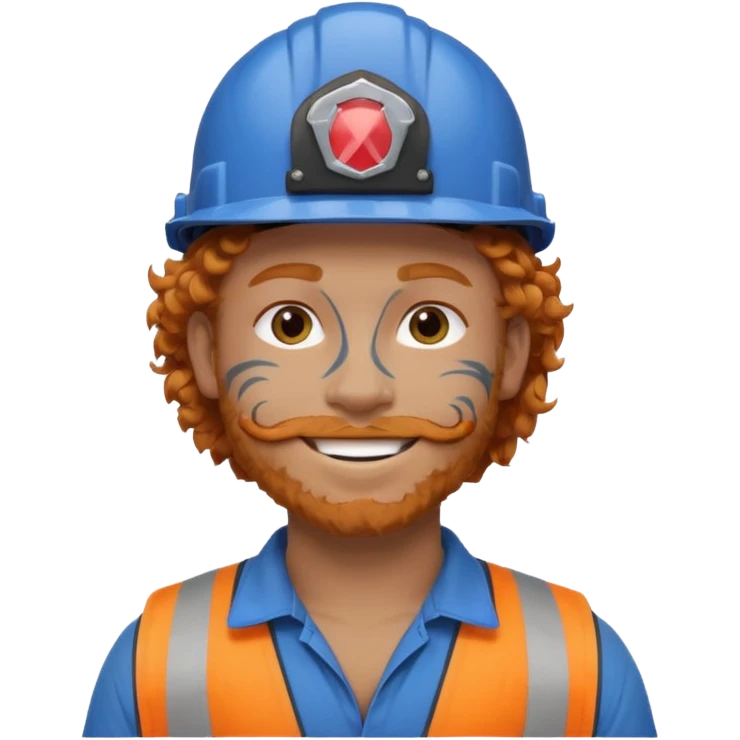 construction worker man ginger curly hair, blue helmet, very heavy dark face tattoo emoji