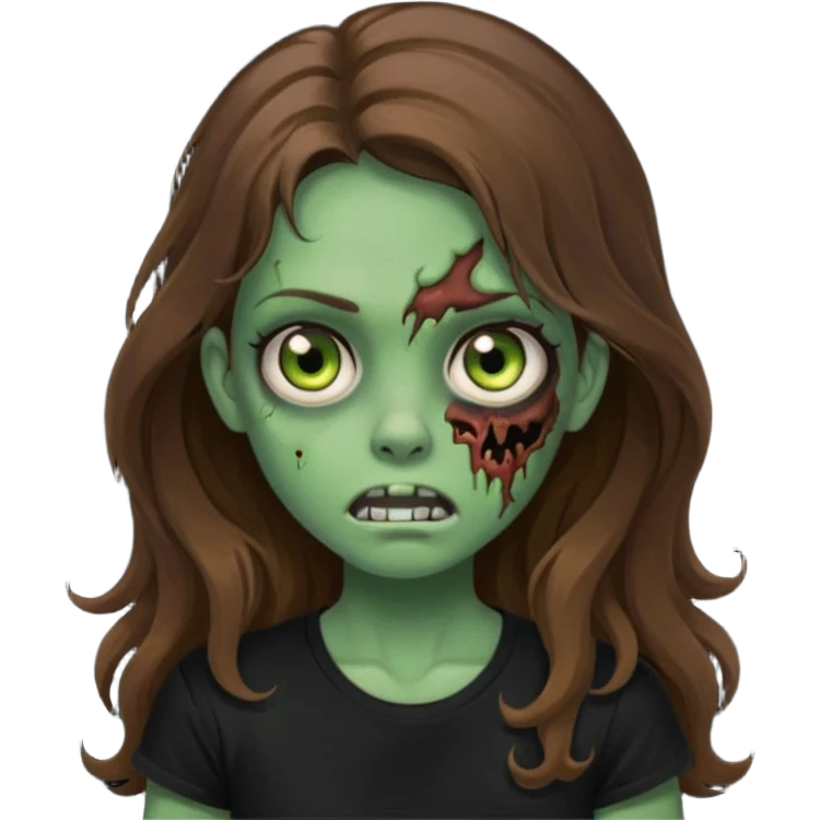 crie uma garotazoombie cabelo ondulado 2c longo castanho castanho comprido e blusa básica preta sem nada com pele esverdeada com rosto fofo emoji