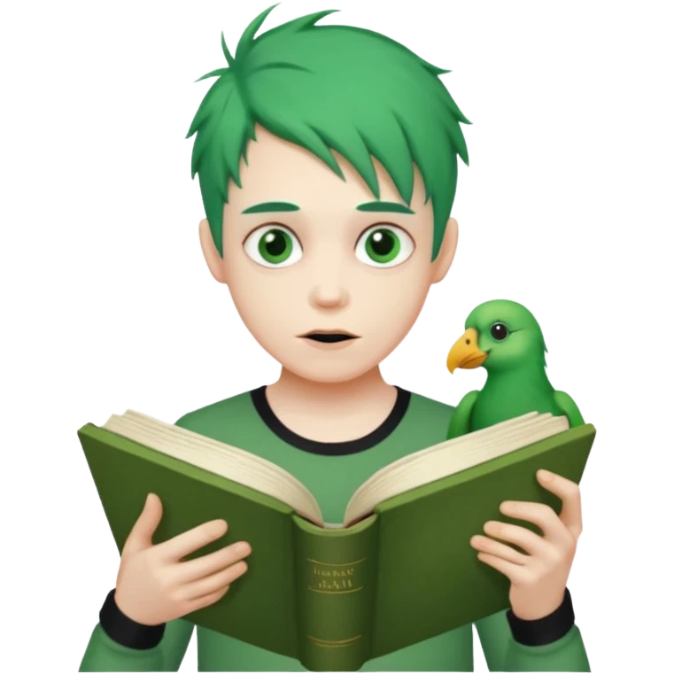 peter has green hair he is creepy he is on a quest to remove all emojis he has a book with all the words that ever exist in his hand he likes fortnite has a reddit thing and a thong and he has a beak emoji
