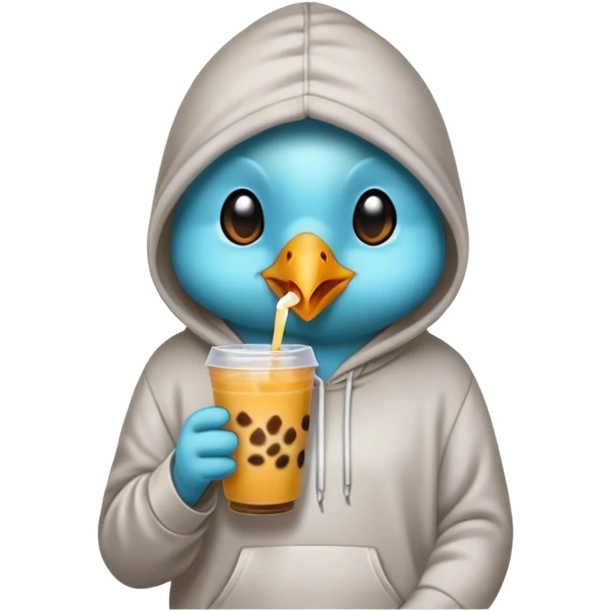 A bird wearing a hoodie drinking boba emoji
