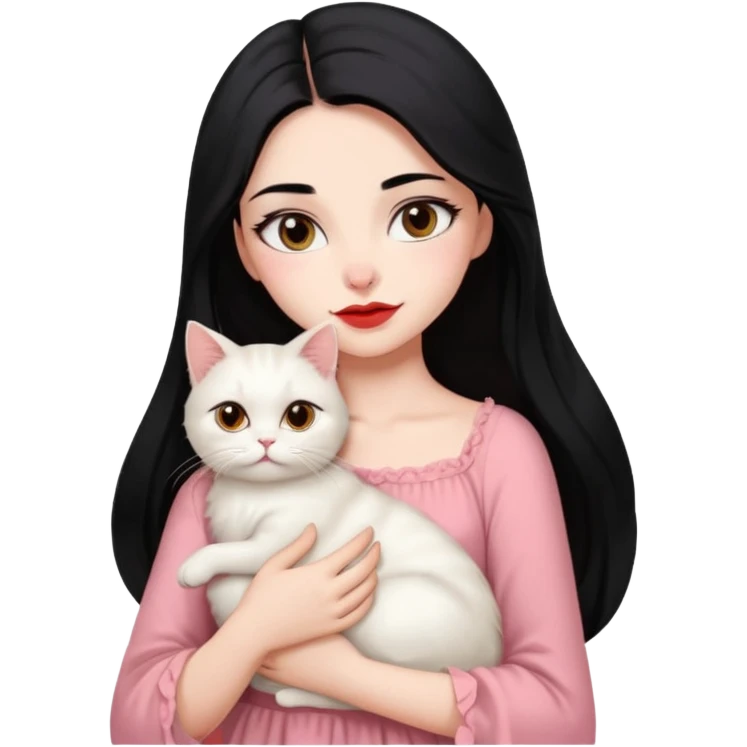 Beautiful Girl Long Hair black, Brows Big , Skin White, Dress Pale Pink , Big Red Lips, EyesCoffe , Hug Little baby Persa Cream Cat With Cute Eyes emoji