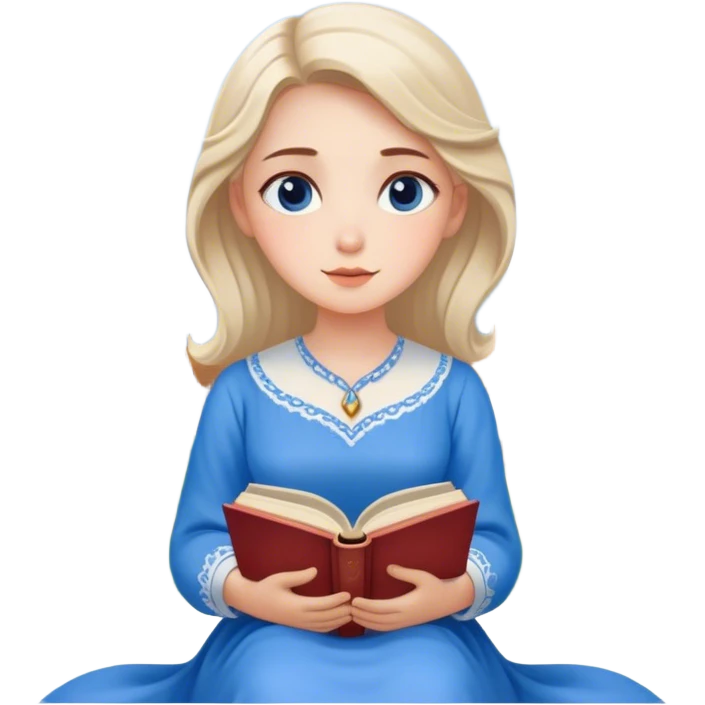 Cinematic Elegant Belle Portrait Emoji, Sitting with an open book, eyes dreamy with thought, her iconic blue village dress draped gracefully, exuding intelligence, kindness, and timeless charm! emoji