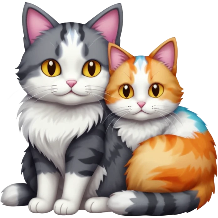 full body large dark grey and white cat cuddling a colourful light patched calico + white tabby cat  emoji