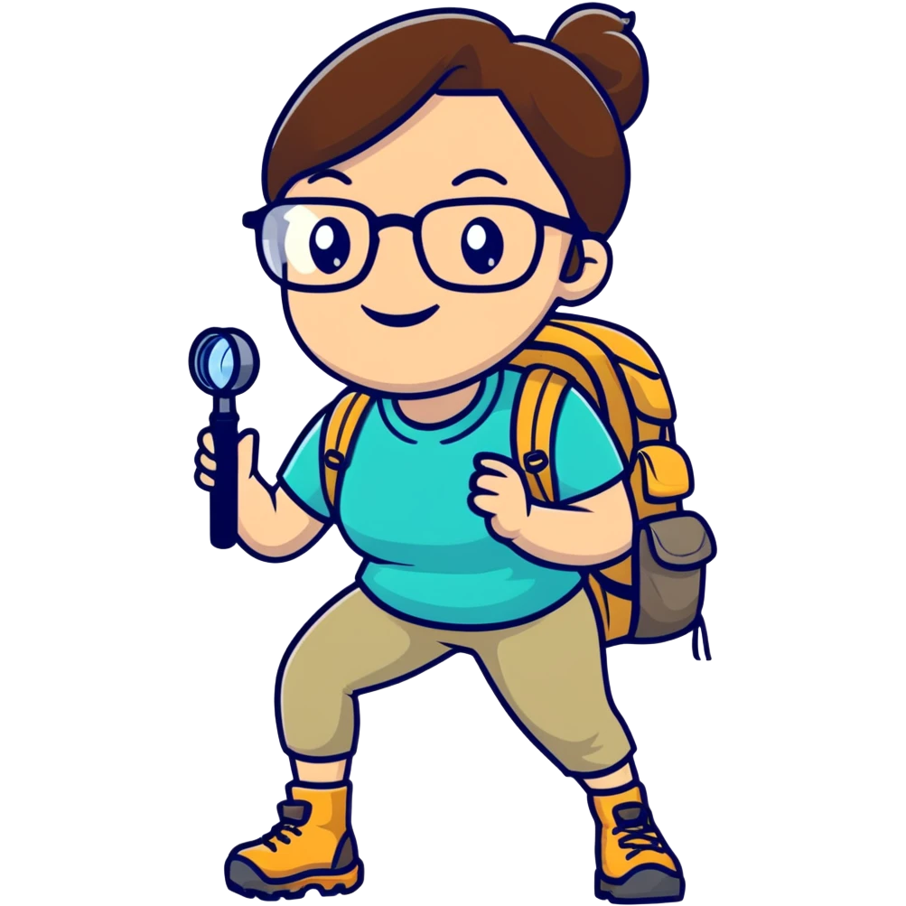 Very cheerful excited woman in her 40s with glasses wearing sporty outfit, hiking boots, and backpack, holding a magnifying glass with big smile emoji
