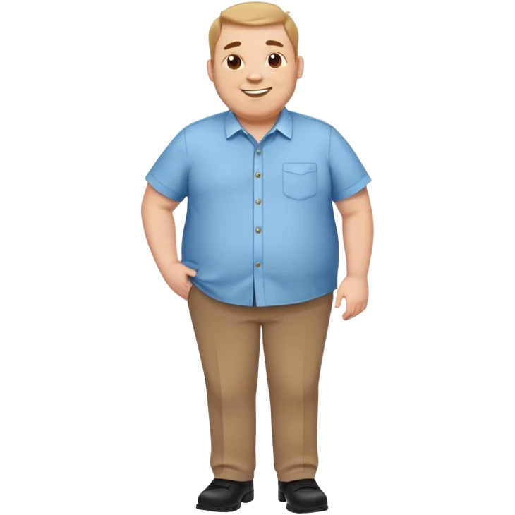 A cheerful overweight man wearing a light blue button-up shirt, brown trousers, and polished black shoes, standing with a friendly smile, simple cartoon style, emoji design emoji