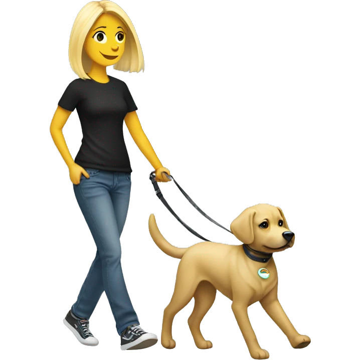 Blond tee walking  black dog emoji