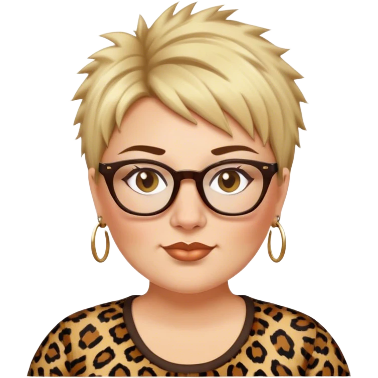  plus size white women dressed in leopard with short medium brown and blonde shaggy spiked hair wearing glasses with hazel color eyes and wide flat nose emoji
