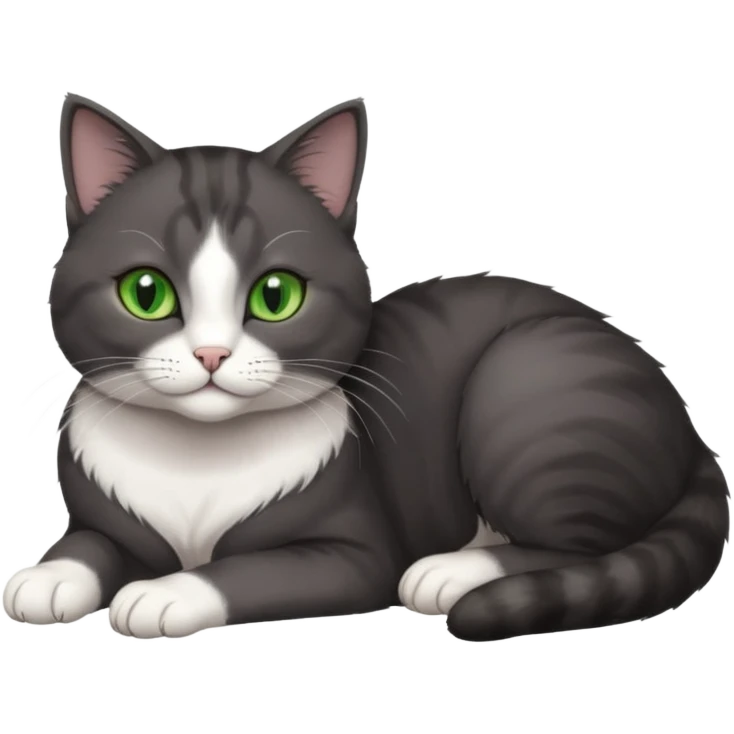 beautiful female solid dark grey cat with green eyes, white toes/paws and white patch on her chest lying down emoji