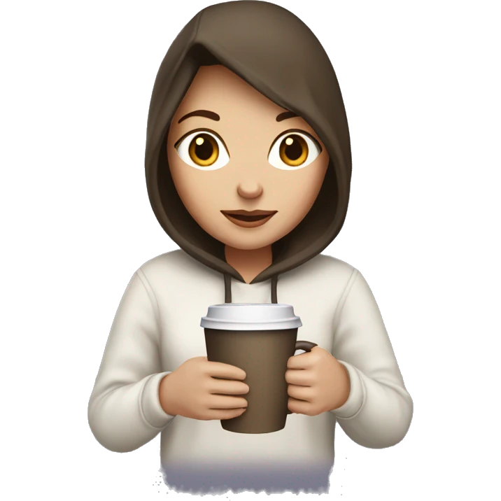 brunette white Girl with a hoodie, holding her cup of coffee emoji