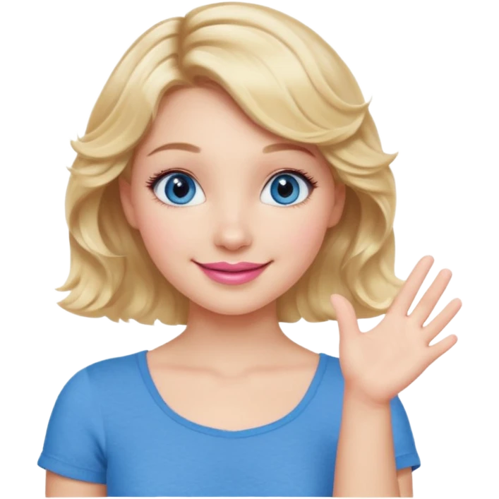 Girl Blonde short wavy hair,  blue eyes, cute blue top, long lashes, pink lips, smiling, one hand palm up emoji