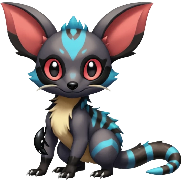Rare exotic cute epic aesthetic gothic colorful Salandit-Eevee-Civet-species-Fakemon-hybrid-creature, with markings, full body emoji