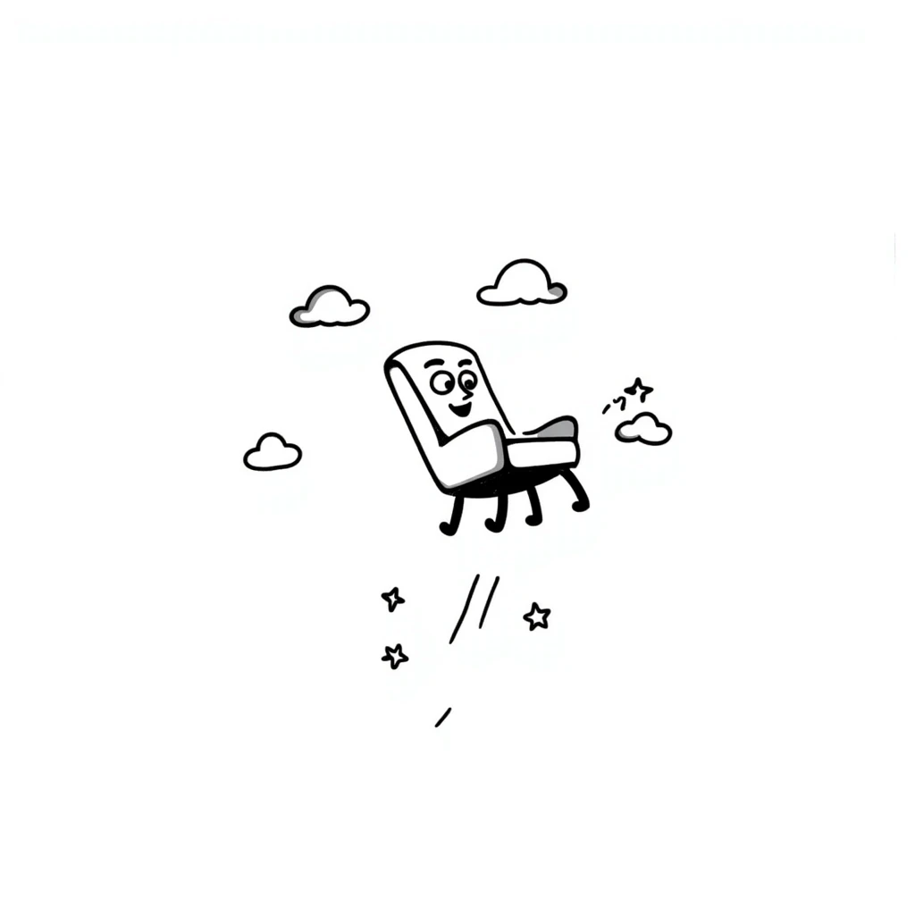 Hand-drawn flying chair with googly eyes and a happy expression, soaring through the sky emoji