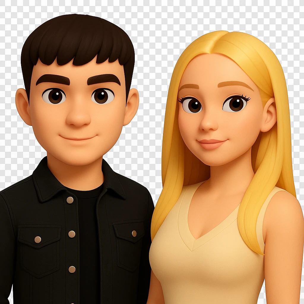 Slightly increase the volume of the upper body of the girl, separate the girl and the boy from each other, make the skin color the same for both. Maintain the cartoon style. Keep the background transparent. emoji