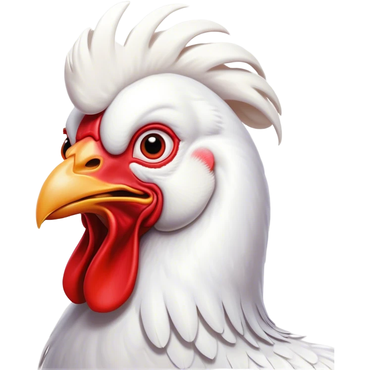 Cinematic Comical White Rooster Portrait Emoji, Head tilted dramatically with an exaggeratedly shocked or amused expression, featuring a striking pure white plumage with a bold red comb, wide, expressive eyes filled with playful disbelief, Simplified yet hilariously expressive features, highly detailed, glowing with a slightly sassy glow, high shine, dramatic yet playful, stylized with an air of cheeky mischief, bright and endearing, soft glowing outline, capturing the essence of a spirited and over-the-top rooster, so meme-worthy it feels like it could crow its way into internet fame instantly! emoji