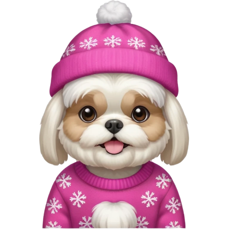 white shih tzu with pink christmas sweater and hat emoji