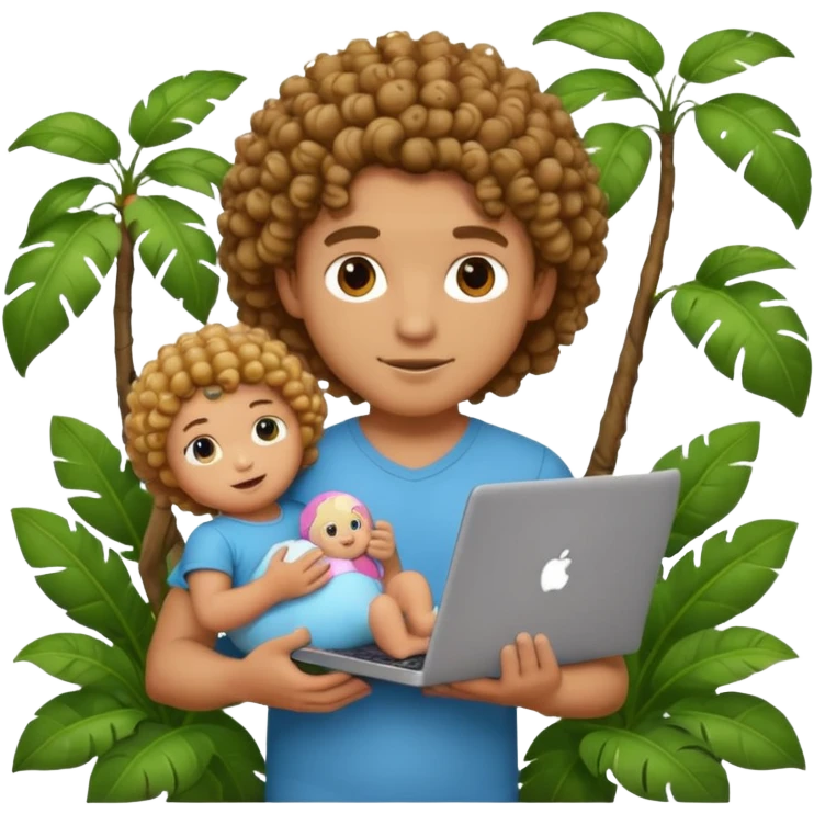 a guy with curly hair in the middle of the jungle holding a baby doll and a laptop, emoji style, more focus on the baby doll emoji