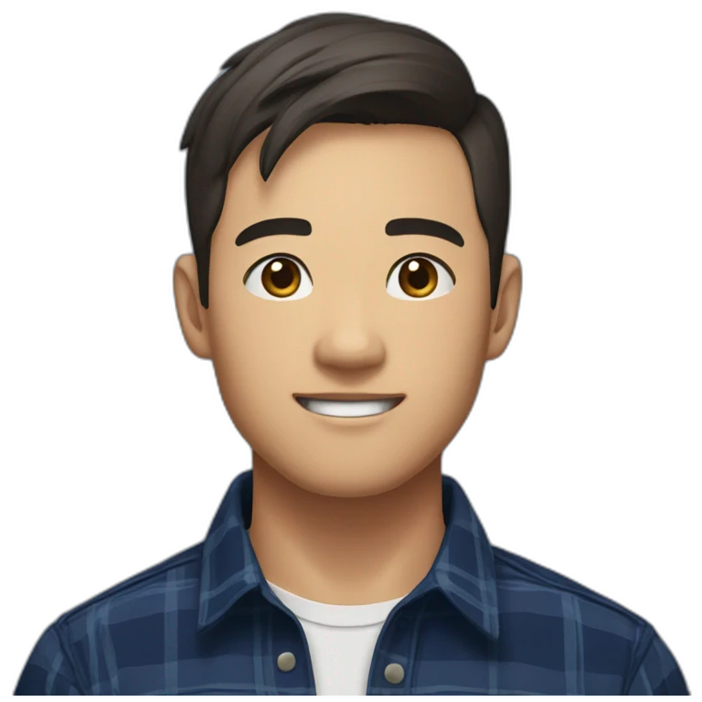 A asian young man with no beard,  short brown hair, exuding confidence, clad in a navy blue checked flannel shirt. emoji