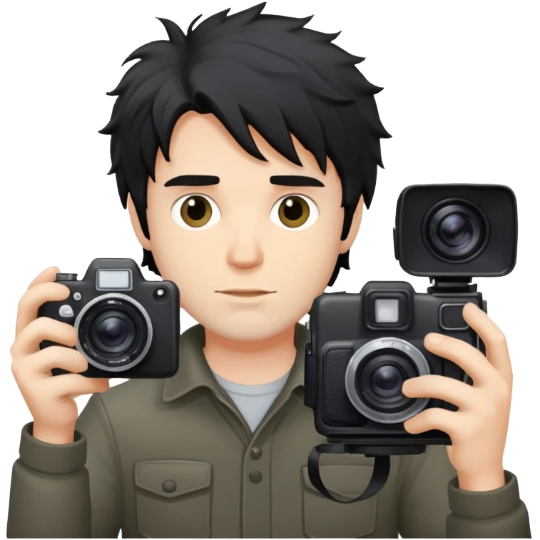 a white man with black messy hair holding a photo camera emoji