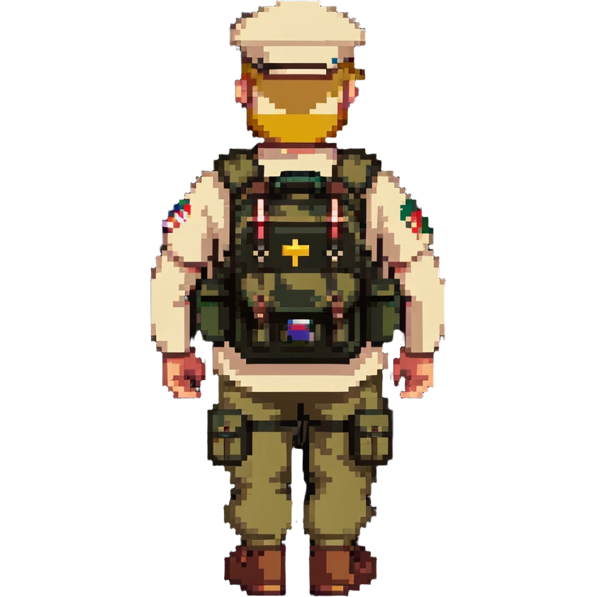 adventurer with goatee beard (no beard on cheeks), short hair, glasses, backwards military tan cap and backpack emoji