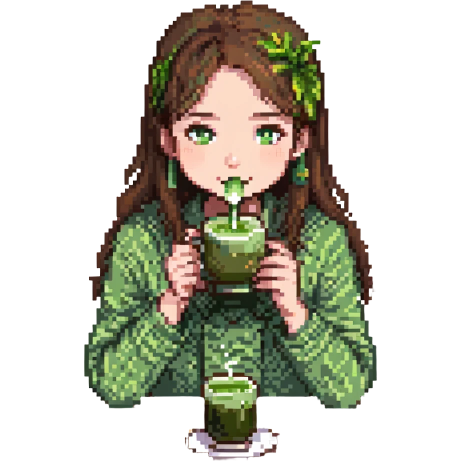 a girl with brown hair drinking matcha emoji