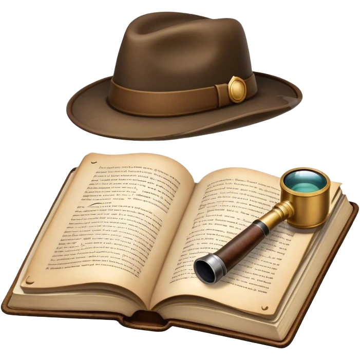Icon for Detective Reading: an open book with text and a magnifying glass on the pages, a classic detective hat, and a pipe, surrounded by clues like footprints, a revolver, and a notepad. The icon should represent the mystery and intrigue of detective stories. Transparent background. emoji
