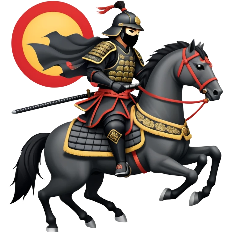 clash-of-clans-aesthetic_-cinematic-fearsome-and-majestic-samurai-bust-portrait-emoji, rendered in a flat, vector-style with minimal shading and bold, simplified shapes typical of emoji art, depicting a battle-hardened samurai with black mask and traditional black Japanese armor. The samurai is riding a noble grey warhorse adorned with an intricately designed saddle and fluttering banners and a rising sun. a samurai riding on a  horse zoomed in emoji