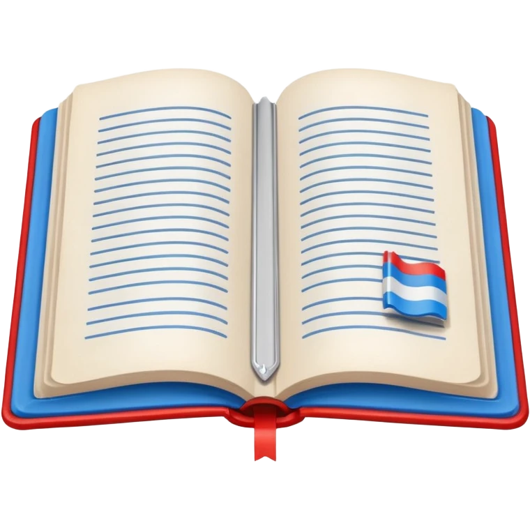 Open book showing Cyrillic text with a small bookmark a white band, thinner blue band and a red band emoji