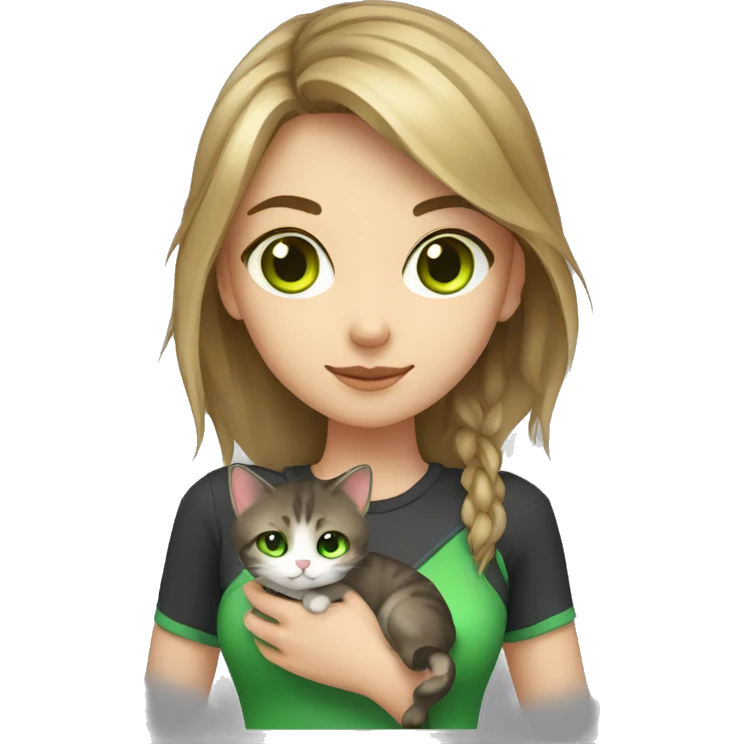 gamer girl with dark blond hair and green eyes, holding a cat tricolor emoji