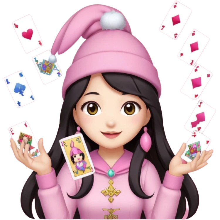 pixel art chibi asian girl with dark long hair in pink bunny hat magical girl with tarot cards thrown in air pixel emoji emoji