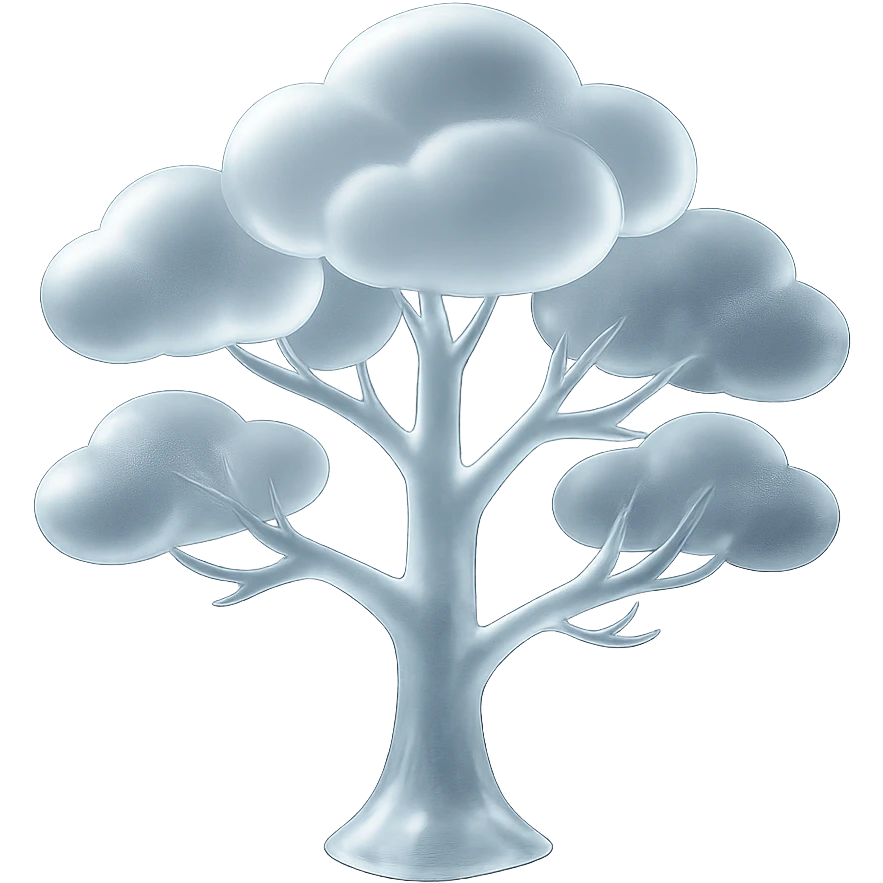 tree with many branches, white trunk, crown made of bright white convex clouds, matte glass style emoji