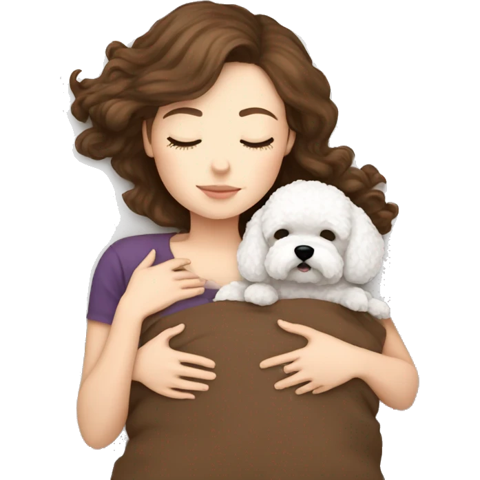 White girl brown hair sleeping with Mini Bichon emoji