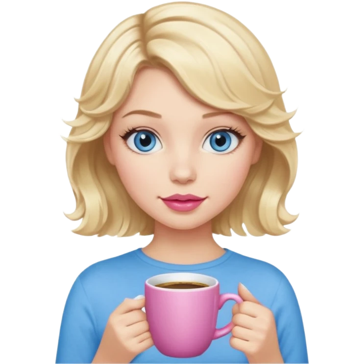 Girl Blonde short wavy hair,  blue eyes, cute blue top, long lashes, pink lips, holding hot white coffee mug emoji