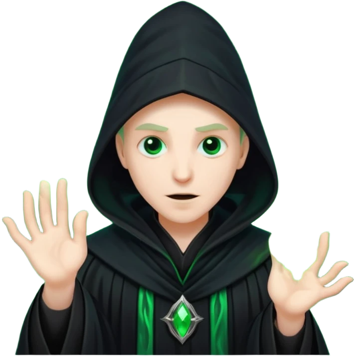 A dark sorcerer in flowing black robes, conjuring eerie green flames emoji