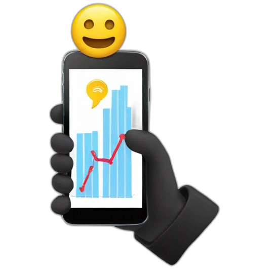 a hand holding a black smartphone showing a graph going up emoji