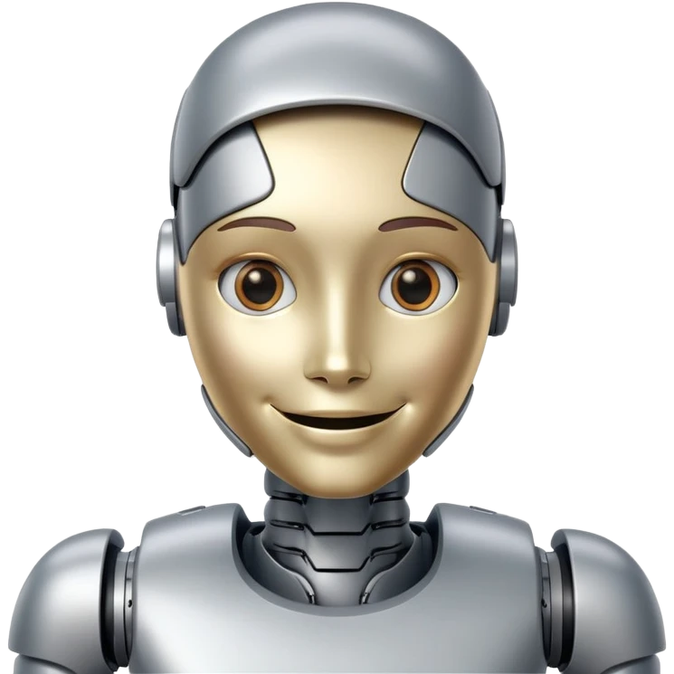 smiling Humanoid robot, face + neck, friendly face emoji