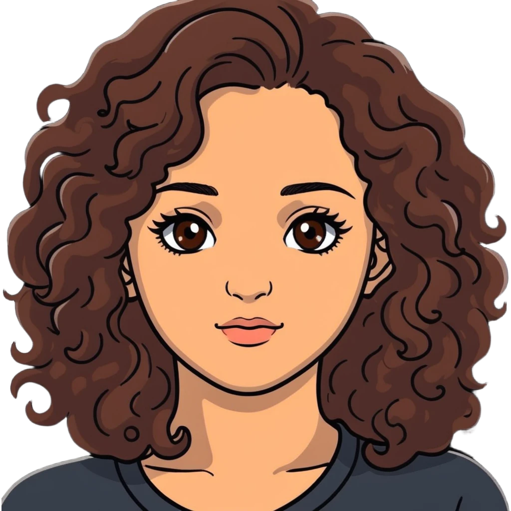 20-year-old woman with long curly brown hair, small hazel eyes, long eyelashes emoji
