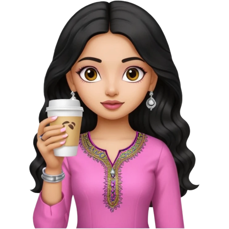 a pretty bratz fair indian girl wearing a pink kurti, drinking takeaway coffee. Silver jhumkas, black wavy hair emoji