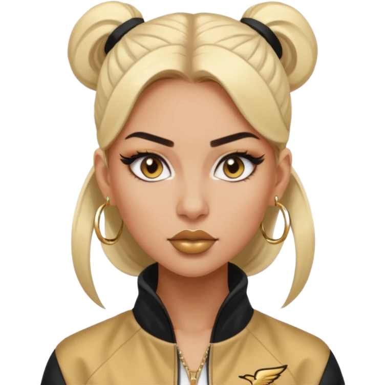 “Emoji girl, fierce confident expression, sharp winged eyeliner, bold brows, matte nude lips, long lashes, sleek high ponytail, wearing gold hoop earrings and sporty streetwear jacket.” emoji